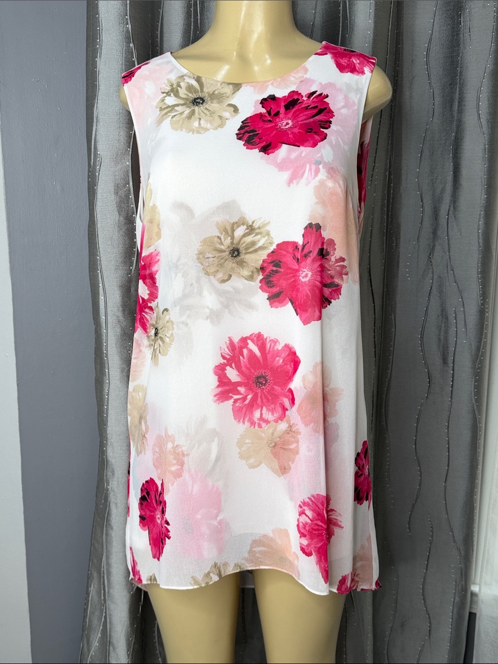 Calvin Klein  Sz M Sleeveless Floral Shift Tunic-Pink & Beige Flowers on White